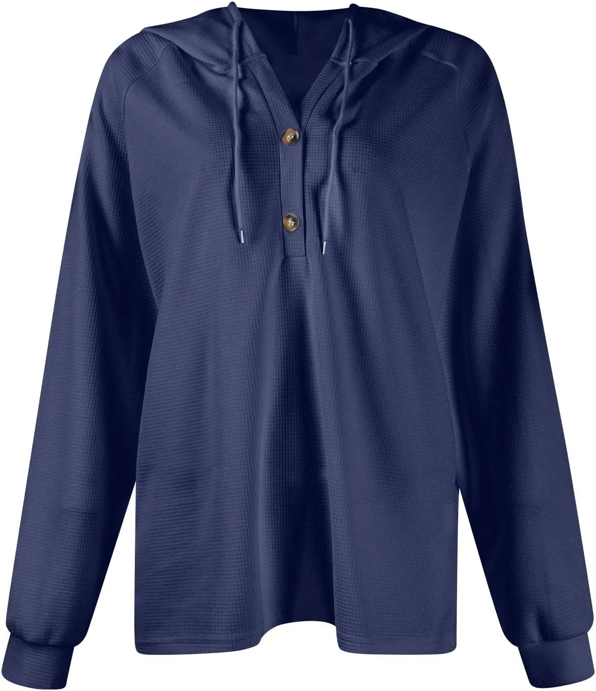 Hoodies for Women Waffle Knit Long Sleeve Drawstring Button V Neck Casual Pullover Sweatshirt Hooded Sweaters Tops