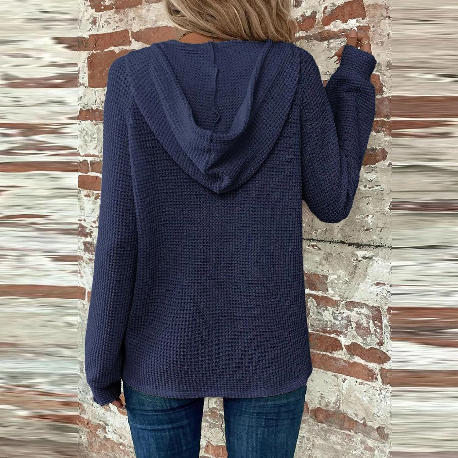 Hoodies for Women Waffle Knit Long Sleeve Drawstring Button V Neck Casual Pullover Sweatshirt Hooded Sweaters Tops