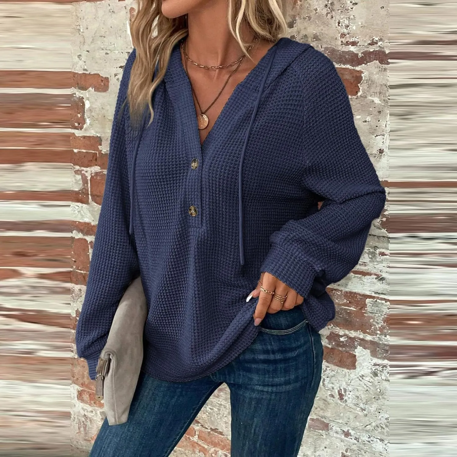 Hoodies for Women Waffle Knit Long Sleeve Drawstring Button V Neck Casual Pullover Sweatshirt Hooded Sweaters Tops