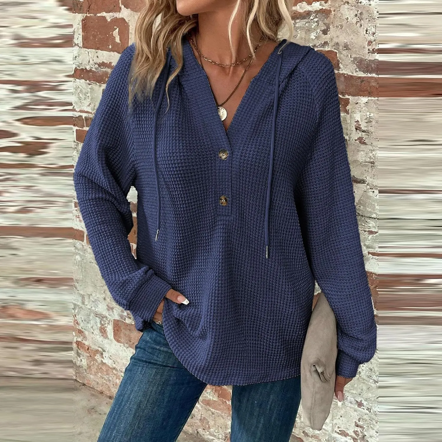 Hoodies for Women Waffle Knit Long Sleeve Drawstring Button V Neck Casual Pullover Sweatshirt Hooded Sweaters Tops