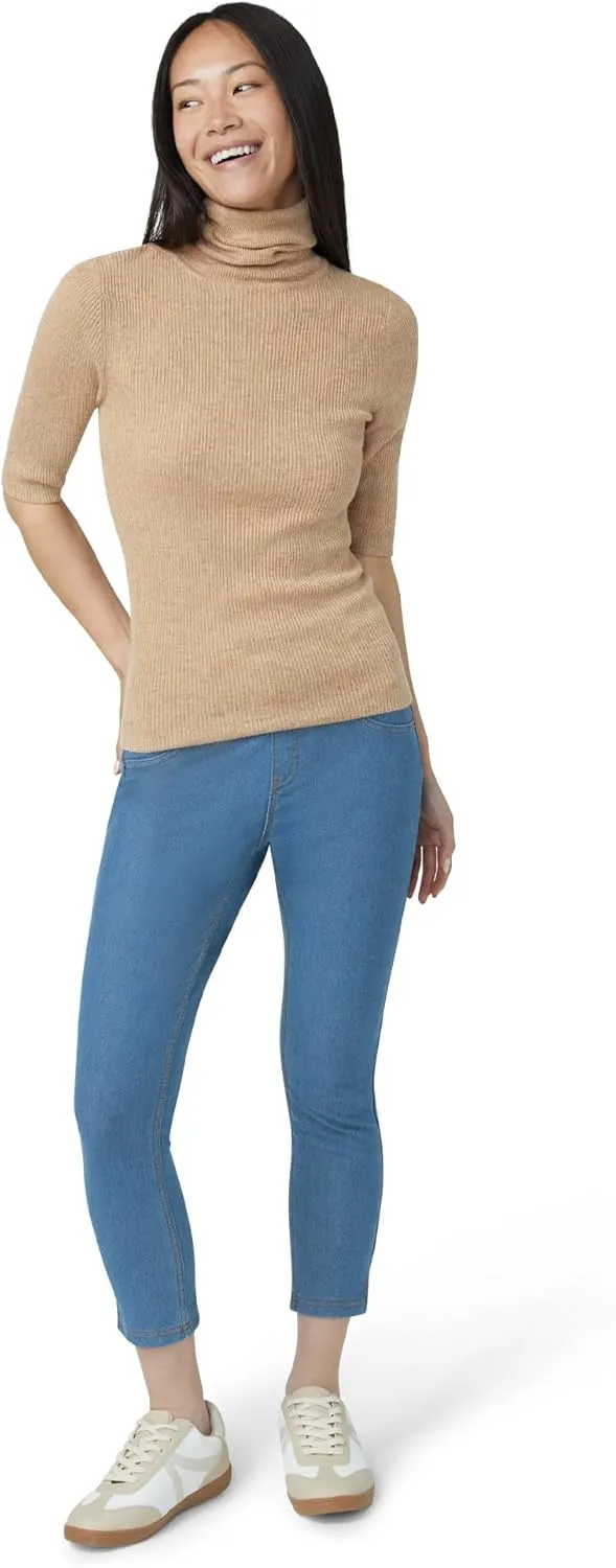 HUE Women's Essential Denim Capri Leggings with Pockets and Side Slits, Comfortable Pull On Pants