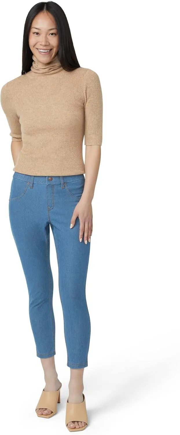HUE Women's Essential Denim Capri Leggings with Pockets and Side Slits, Comfortable Pull On Pants