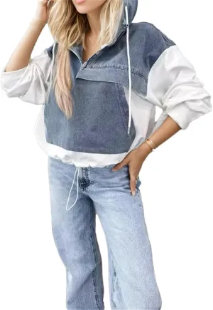 IVERIRMIN Women's Half Zip Denim Patchwork Hoodies Oversized Jean Pullover Tops Vintage Hooded Sweatshirt Long Sleeve Shirts
