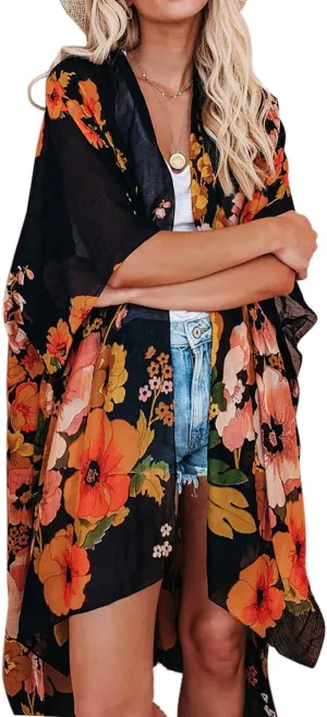 Jayscreate Women's Chiffon Kimono Cardigans Lightweight Batwing Summer Casual Long Boho Sheer Cardigan for Women Coverup Tops