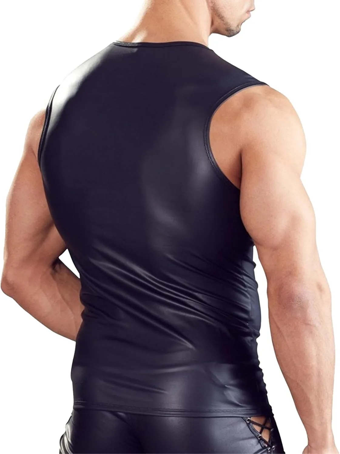 JEKE-DG Men's Faux Leather Sleeveless Drawstring Tank Top Sexy Lace Up Muscle Vest Shirts Solid Color Wet Look Undershirt