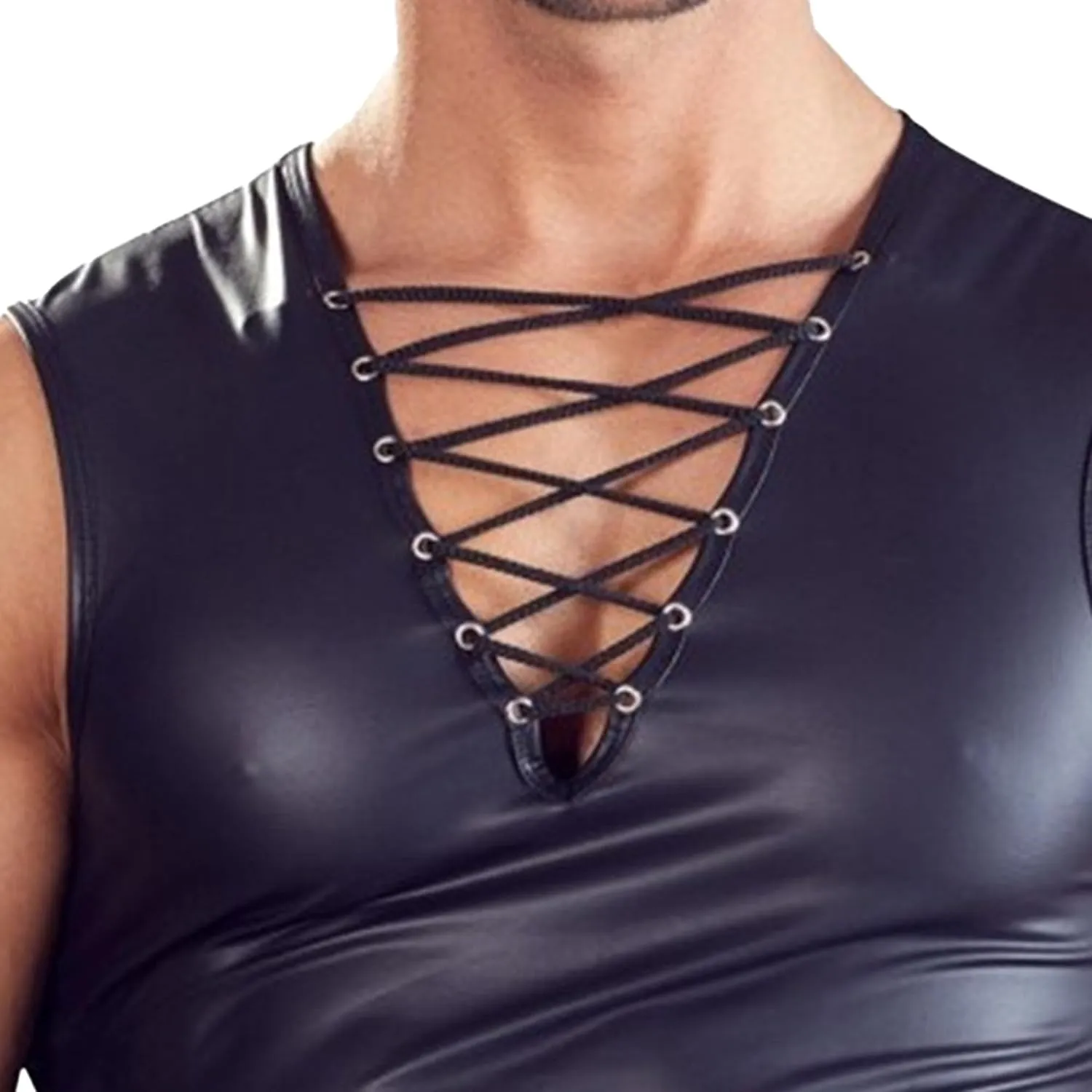 JEKE-DG Men's Faux Leather Sleeveless Drawstring Tank Top Sexy Lace Up Muscle Vest Shirts Solid Color Wet Look Undershirt