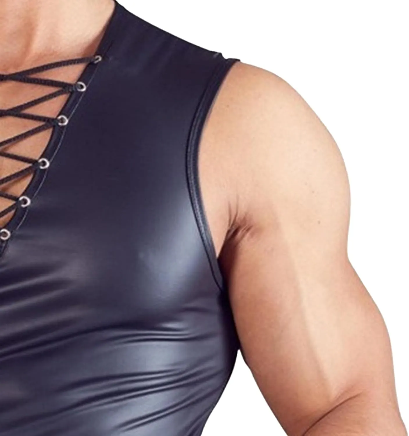 JEKE-DG Men's Faux Leather Sleeveless Drawstring Tank Top Sexy Lace Up Muscle Vest Shirts Solid Color Wet Look Undershirt