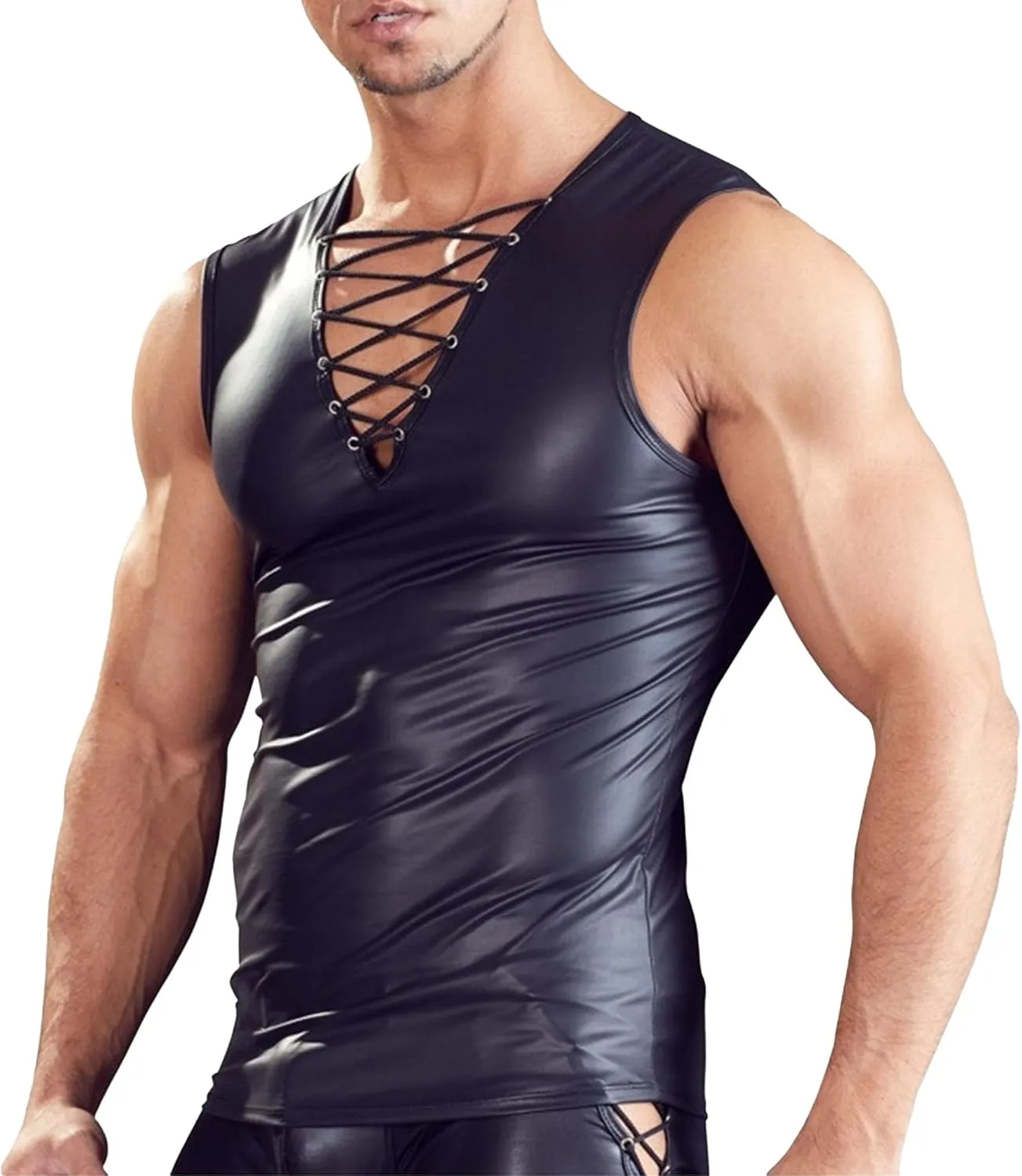 JEKE-DG Men's Faux Leather Sleeveless Drawstring Tank Top Sexy Lace Up Muscle Vest Shirts Solid Color Wet Look Undershirt