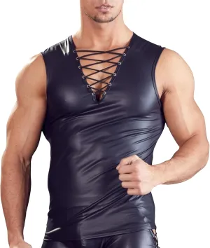 JEKE-DG Men's Faux Leather Sleeveless Drawstring Tank Top Sexy Lace Up Muscle Vest Shirts Solid Color Wet Look Undershirt