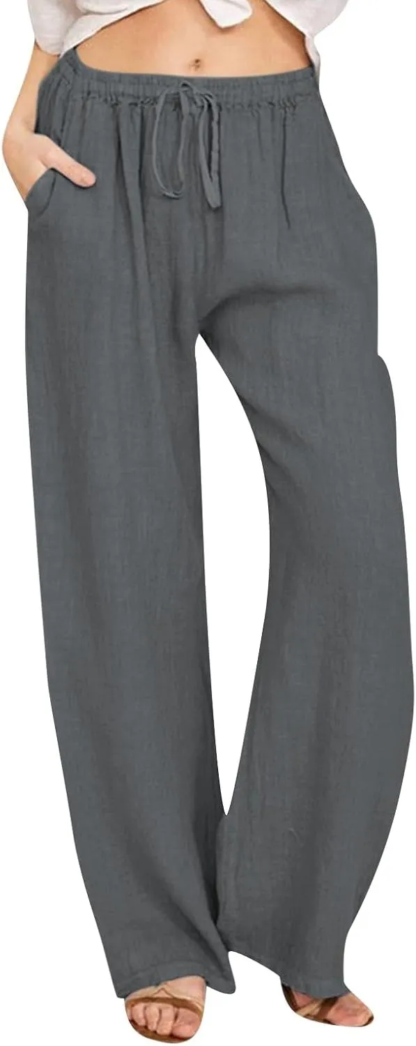 JiXiang Women Linen Pants Summer Wide Leg Casual Loose Drawstring High Waist Palazzo Pants Trousers with Pockets