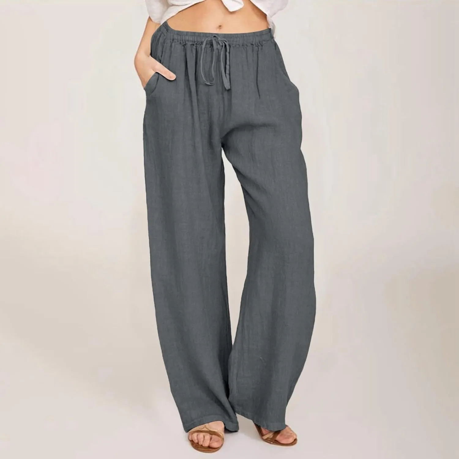 JiXiang Women Linen Pants Summer Wide Leg Casual Loose Drawstring High Waist Palazzo Pants Trousers with Pockets