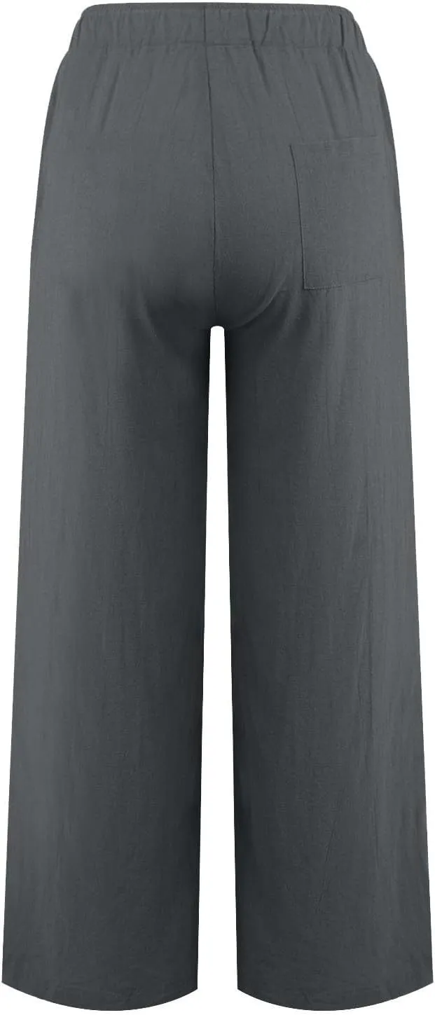 JiXiang Women Linen Pants Summer Wide Leg Casual Loose Drawstring High Waist Palazzo Pants Trousers with Pockets