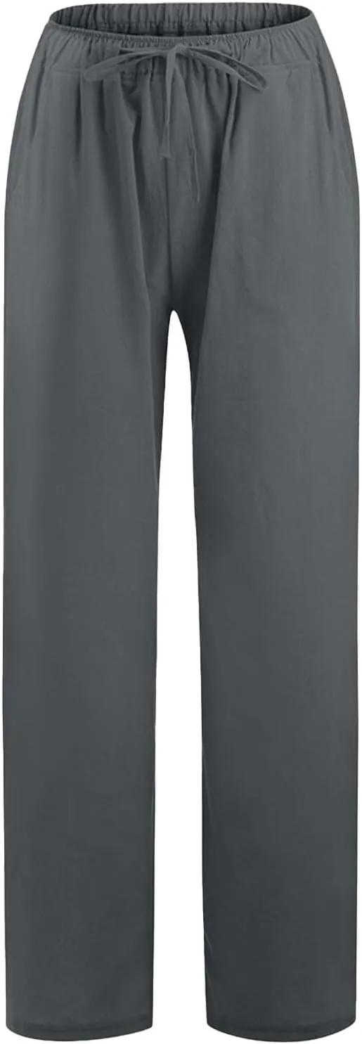 JiXiang Women Linen Pants Summer Wide Leg Casual Loose Drawstring High Waist Palazzo Pants Trousers with Pockets