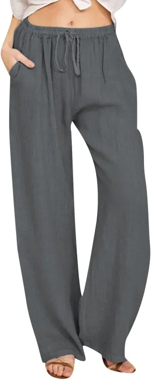 JiXiang Women Linen Pants Summer Wide Leg Casual Loose Drawstring High Waist Palazzo Pants Trousers with Pockets