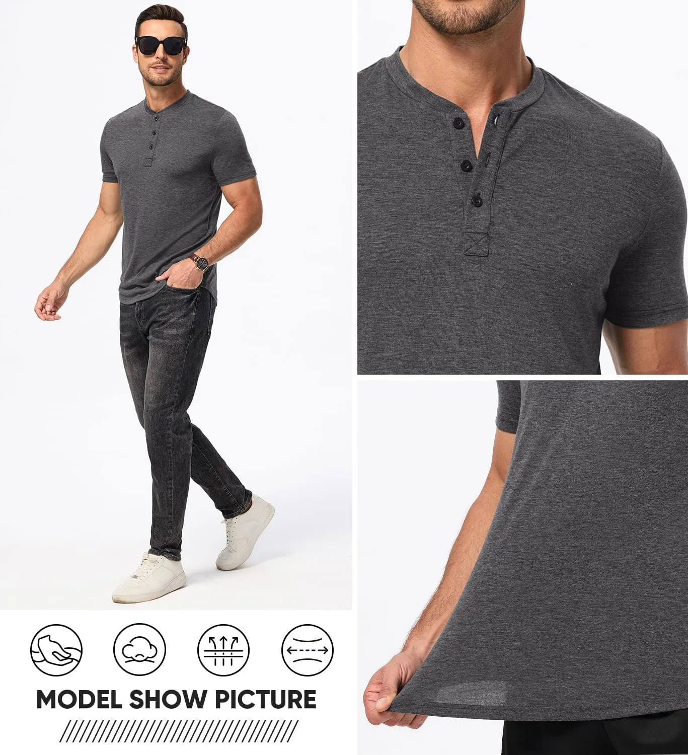 JMIERR Men's Casual Henley Shirts Short Sleeve Basic Button Muscle Longline T-Shirt Gym Workout Athletic Tee