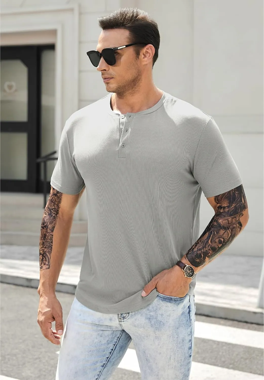 JMIERR Men's Muscle Slim Henley Shirts Crewneck Longline T-Shirt Gym Workout Athletic Shirt Tees with Button