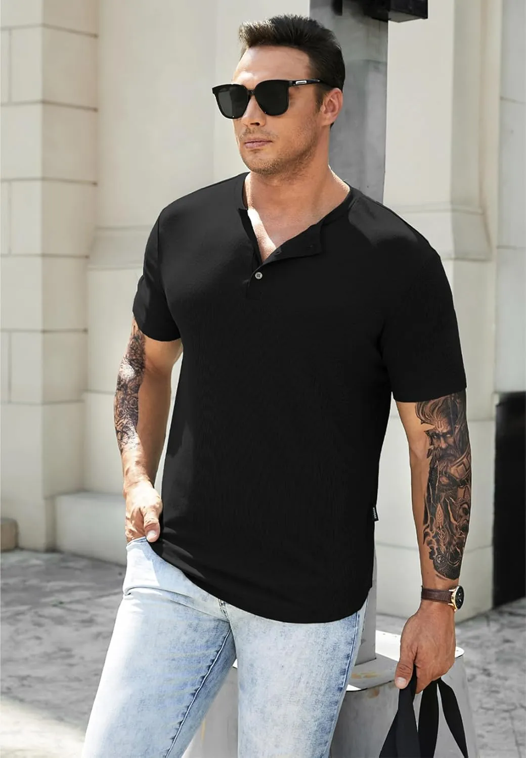 JMIERR Men's Muscle Slim Henley Shirts Crewneck Longline T-Shirt Gym Workout Athletic Shirt Tees with Button