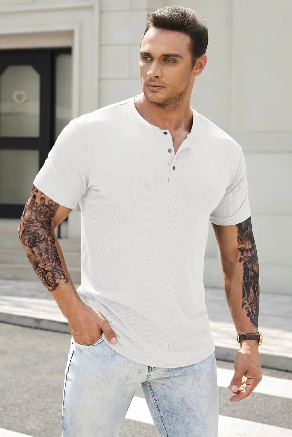 JMIERR Men's Muscle Slim Henley Shirts Crewneck Longline T-Shirt Gym Workout Athletic Shirt Tees with Button