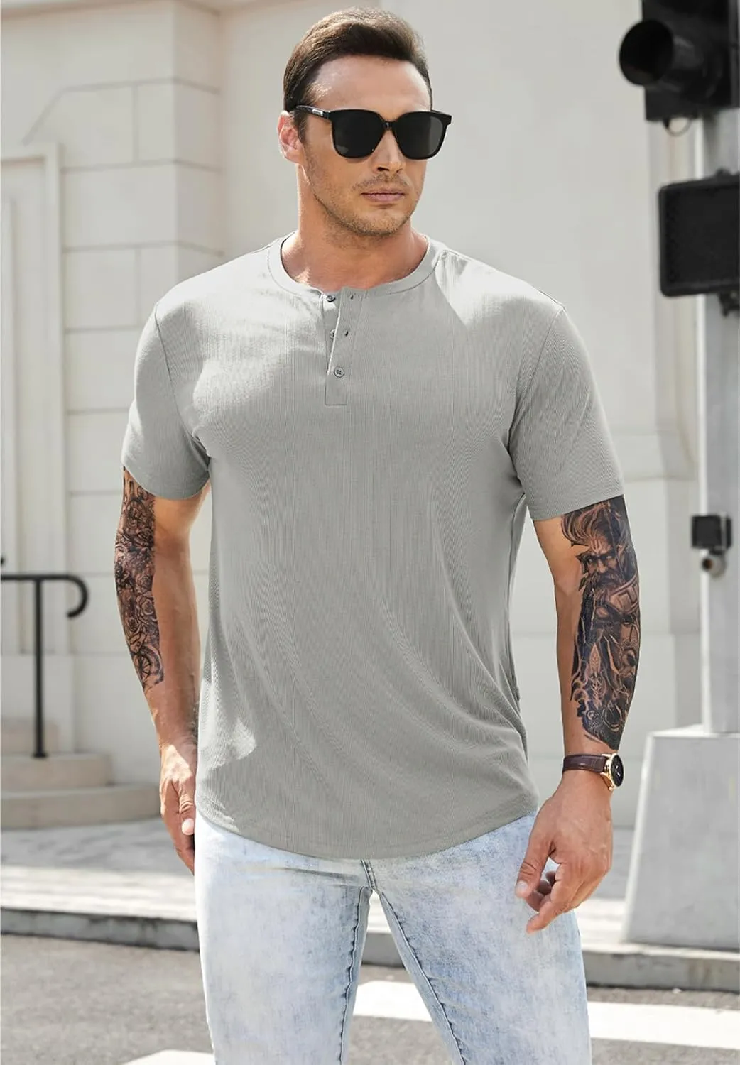 JMIERR Men's Muscle Slim Henley Shirts Crewneck Longline T-Shirt Gym Workout Athletic Shirt Tees with Button
