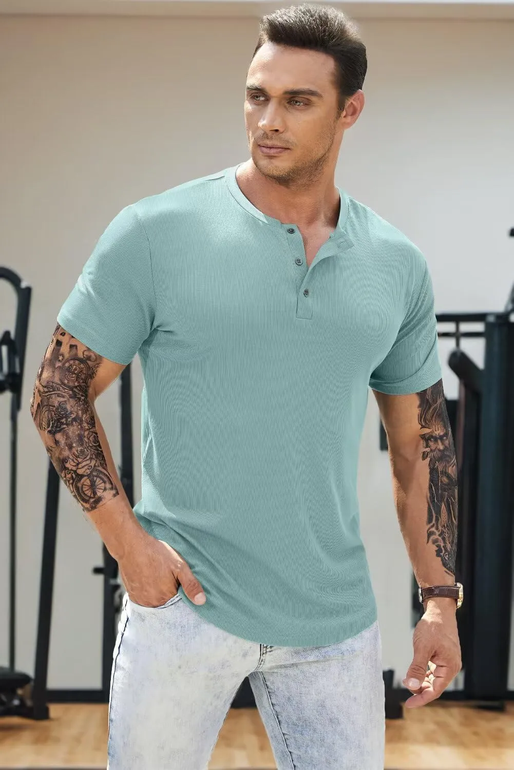 JMIERR Men's Muscle Slim Henley Shirts Crewneck Longline T-Shirt Gym Workout Athletic Shirt Tees with Button