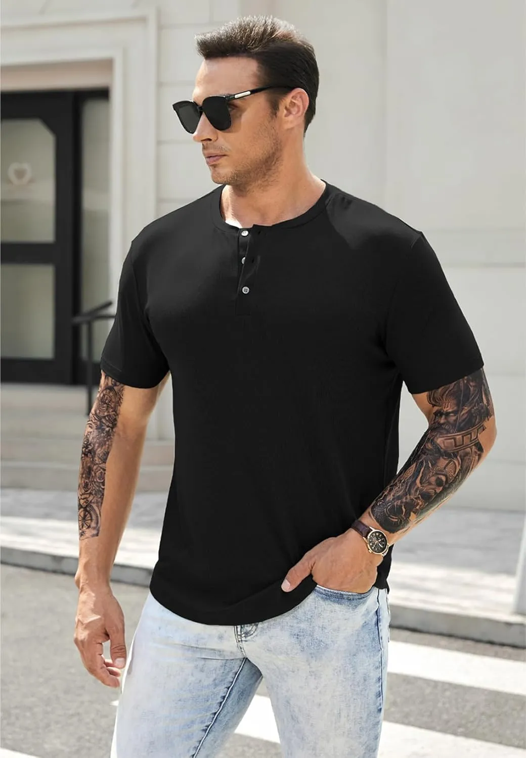 JMIERR Men's Muscle Slim Henley Shirts Crewneck Longline T-Shirt Gym Workout Athletic Shirt Tees with Button