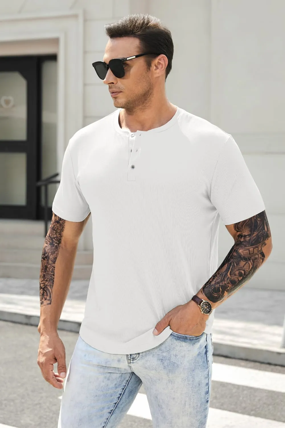 JMIERR Men's Muscle Slim Henley Shirts Crewneck Longline T-Shirt Gym Workout Athletic Shirt Tees with Button