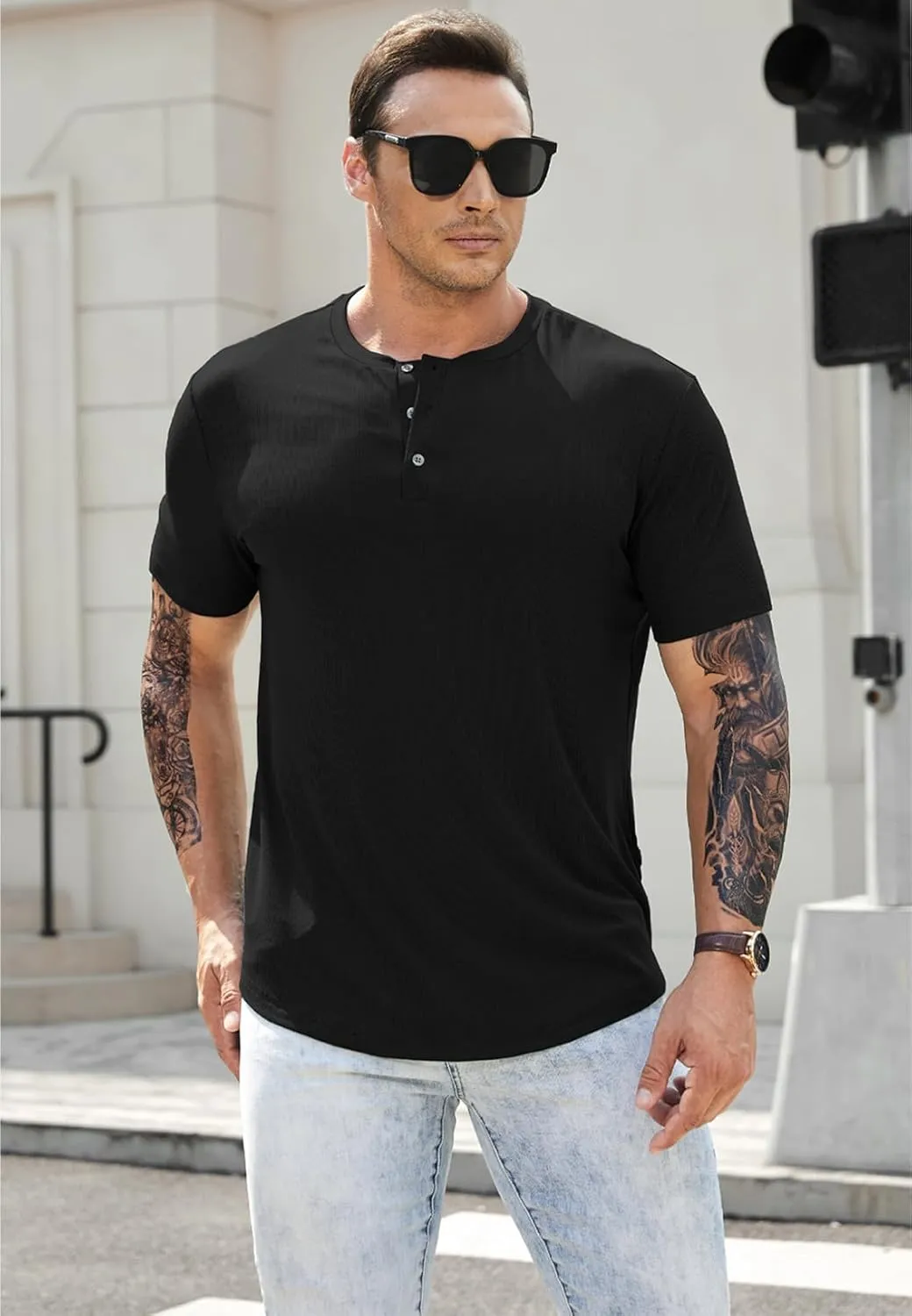 JMIERR Men's Muscle Slim Henley Shirts Crewneck Longline T-Shirt Gym Workout Athletic Shirt Tees with Button