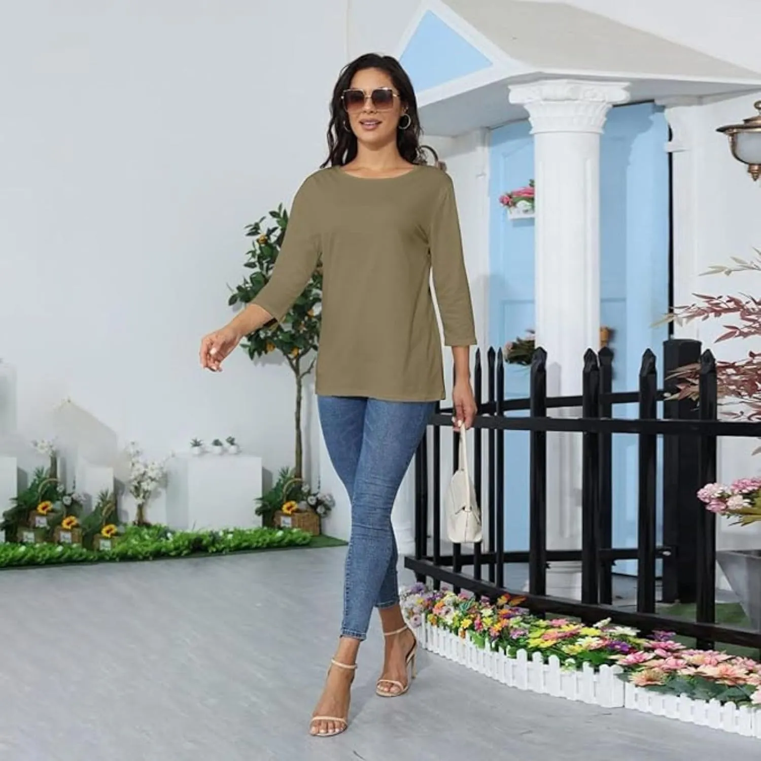 jovati Women's Casual 3/4 Sleeve T-Shirts Round Neck Cute Tunic Tops Basic Tees Blouses Loose Fit Pullover
