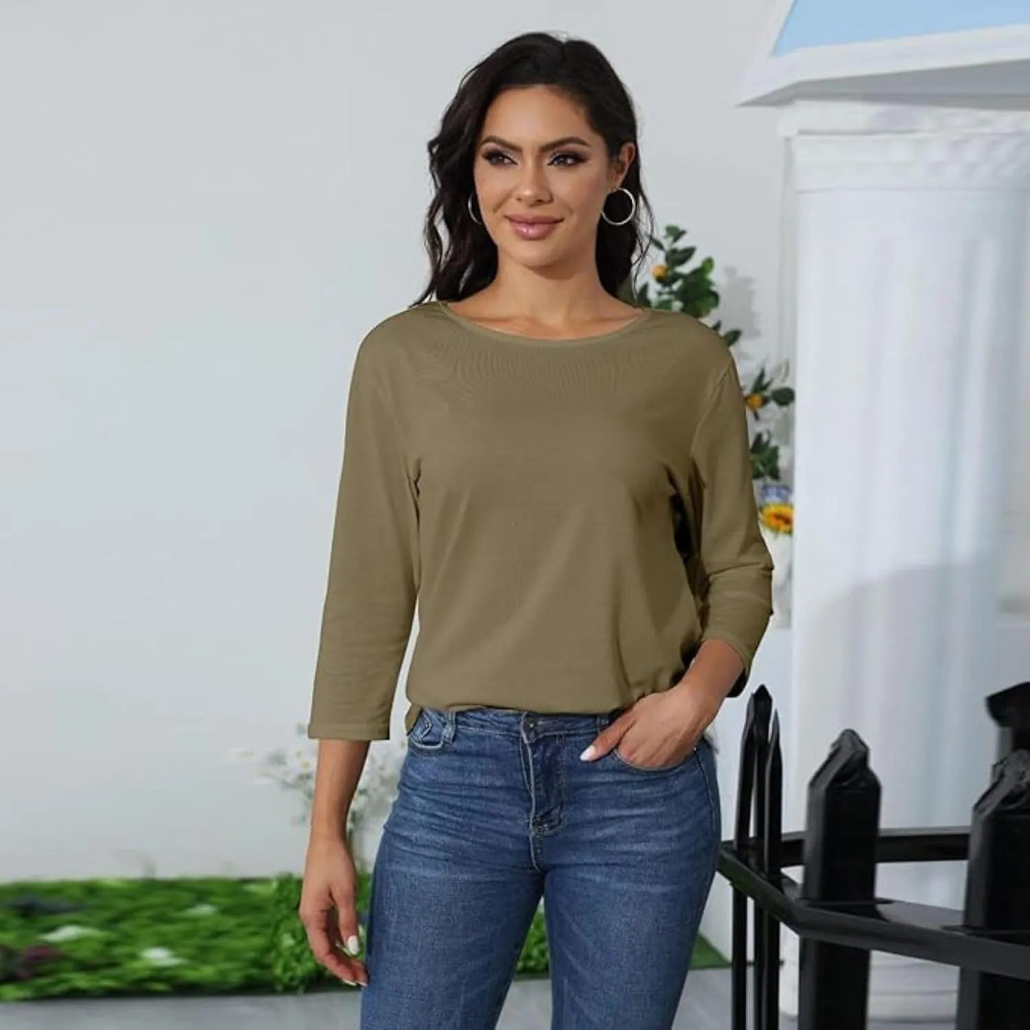 jovati Women's Casual 3/4 Sleeve T-Shirts Round Neck Cute Tunic Tops Basic Tees Blouses Loose Fit Pullover