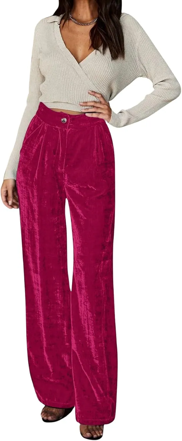 JUMISEE Womens Velvet Wide Leg Pants Elastic High Waisted Palazzo Pants Business Work Casual Trousers with Pockets