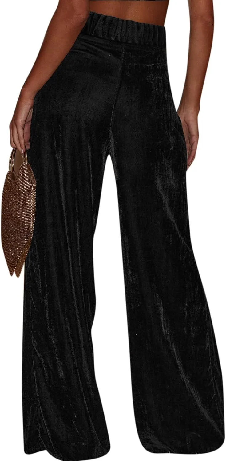 JUMISEE Womens Velvet Wide Leg Pants Elastic High Waisted Palazzo Pants Business Work Casual Trousers with Pockets