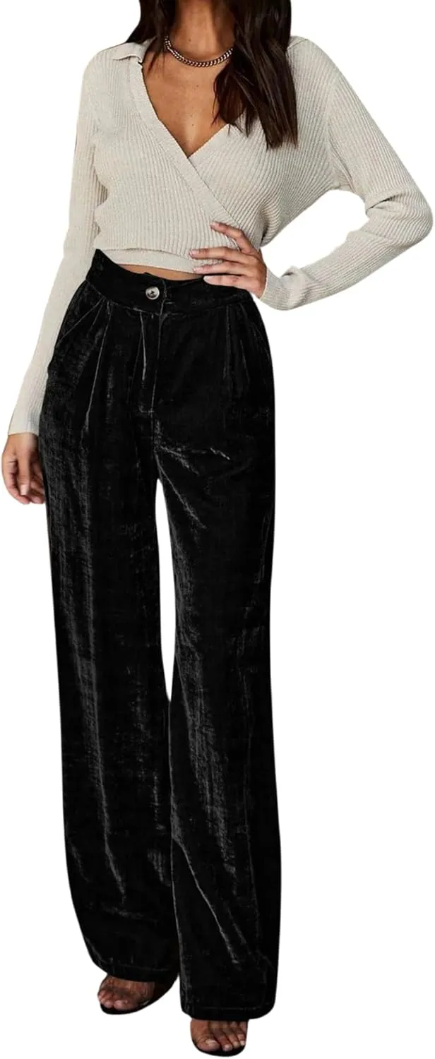 JUMISEE Womens Velvet Wide Leg Pants Elastic High Waisted Palazzo Pants Business Work Casual Trousers with Pockets