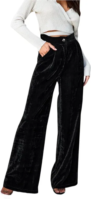 JUMISEE Womens Velvet Wide Leg Pants Elastic High Waisted Palazzo Pants Business Work Casual Trousers with Pockets