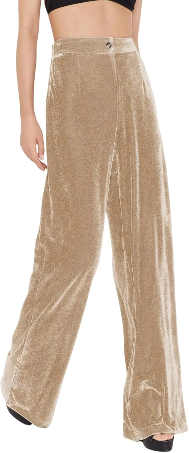 JUMISEE Womens Velvet Wide Leg Pants Elastic High Waisted Palazzo Pants Business Work Casual Trousers with Pockets