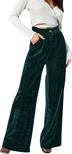 JUMISEE Womens Velvet Wide Leg Pants Elastic High Waisted Palazzo Pants Business Work Casual Trousers with Pockets