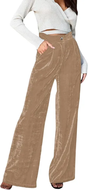 JUMISEE Womens Velvet Wide Leg Pants Elastic High Waisted Palazzo Pants Business Work Casual Trousers with Pockets