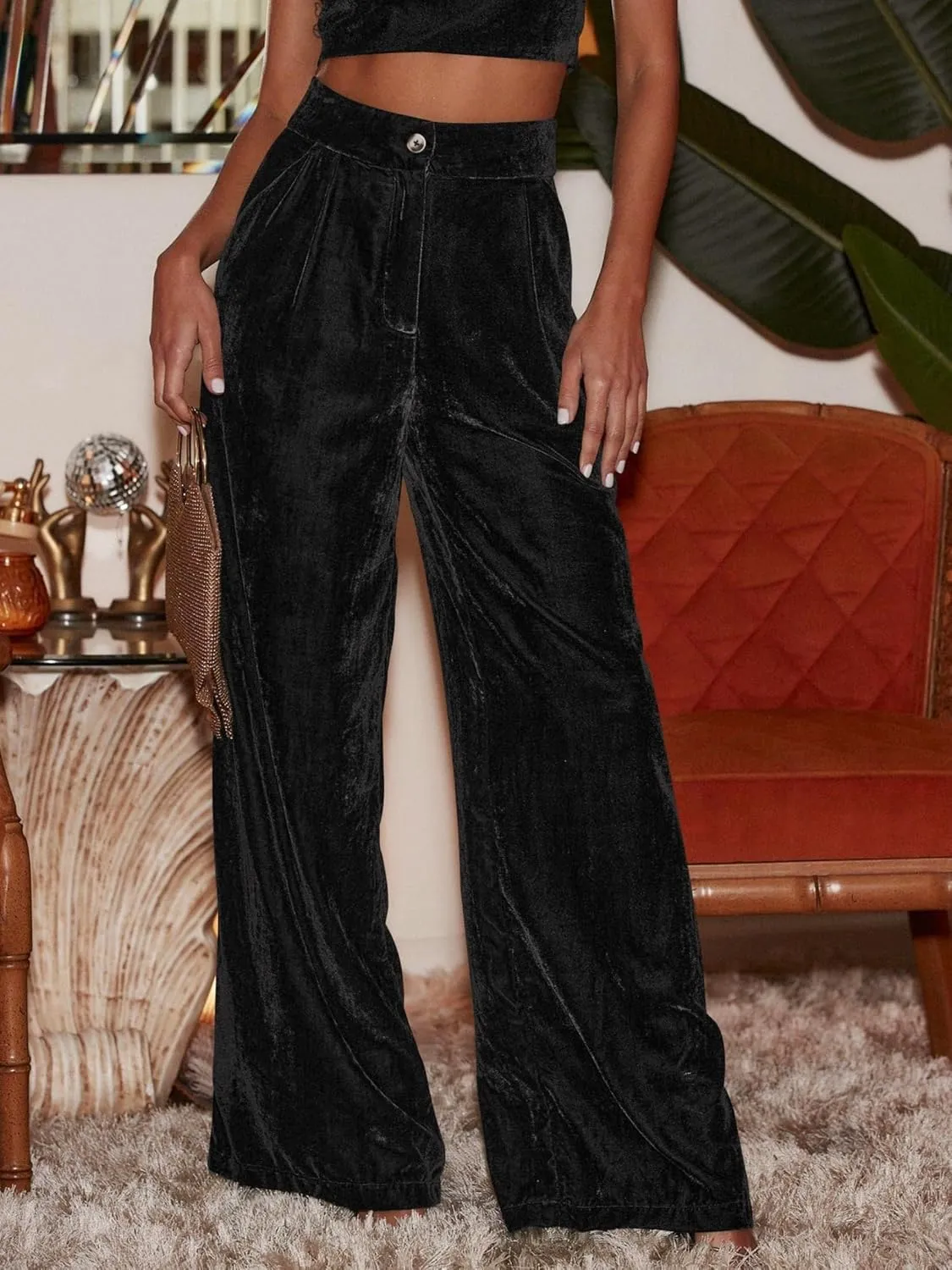 JUMISEE Womens Velvet Wide Leg Pants Elastic High Waisted Palazzo Pants Business Work Casual Trousers with Pockets