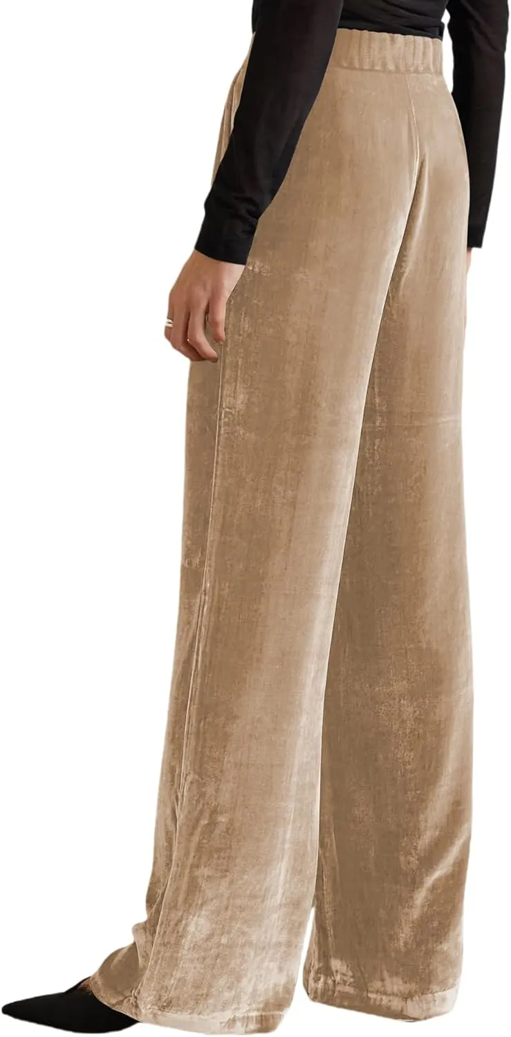JUMISEE Womens Velvet Wide Leg Pants Elastic High Waisted Palazzo Pants Business Work Casual Trousers with Pockets