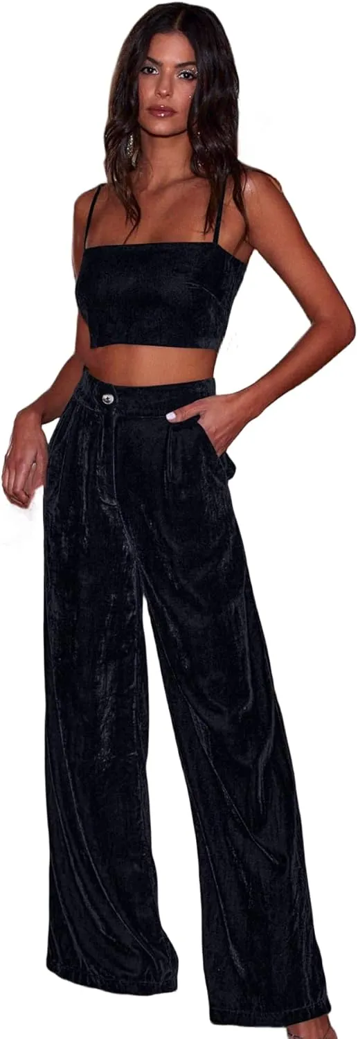 JUMISEE Womens Velvet Wide Leg Pants Elastic High Waisted Palazzo Pants Business Work Casual Trousers with Pockets