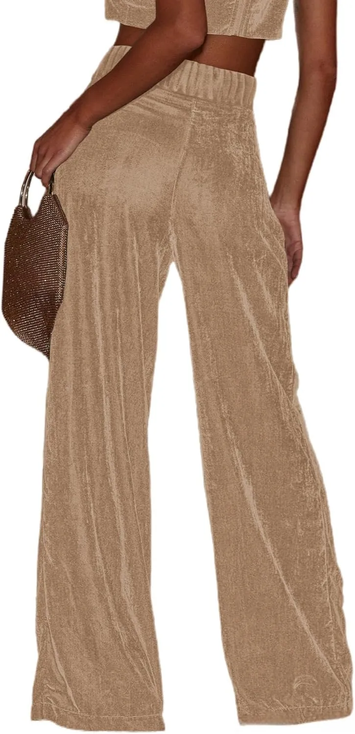 JUMISEE Womens Velvet Wide Leg Pants Elastic High Waisted Palazzo Pants Business Work Casual Trousers with Pockets