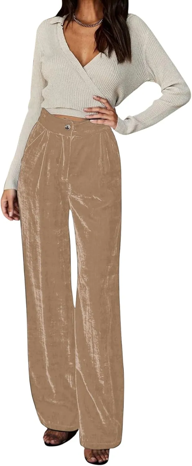 JUMISEE Womens Velvet Wide Leg Pants Elastic High Waisted Palazzo Pants Business Work Casual Trousers with Pockets