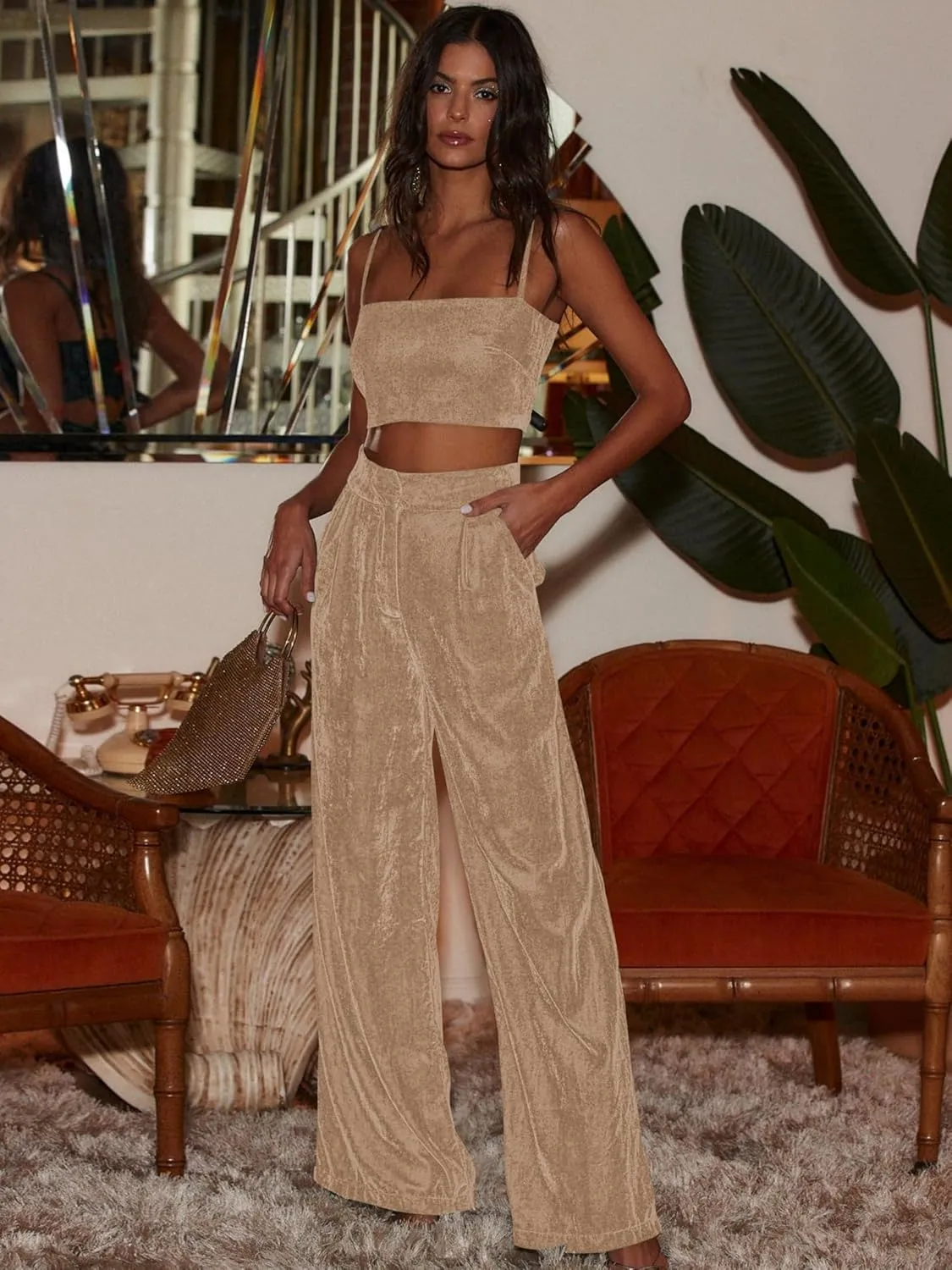 JUMISEE Womens Velvet Wide Leg Pants Elastic High Waisted Palazzo Pants Business Work Casual Trousers with Pockets