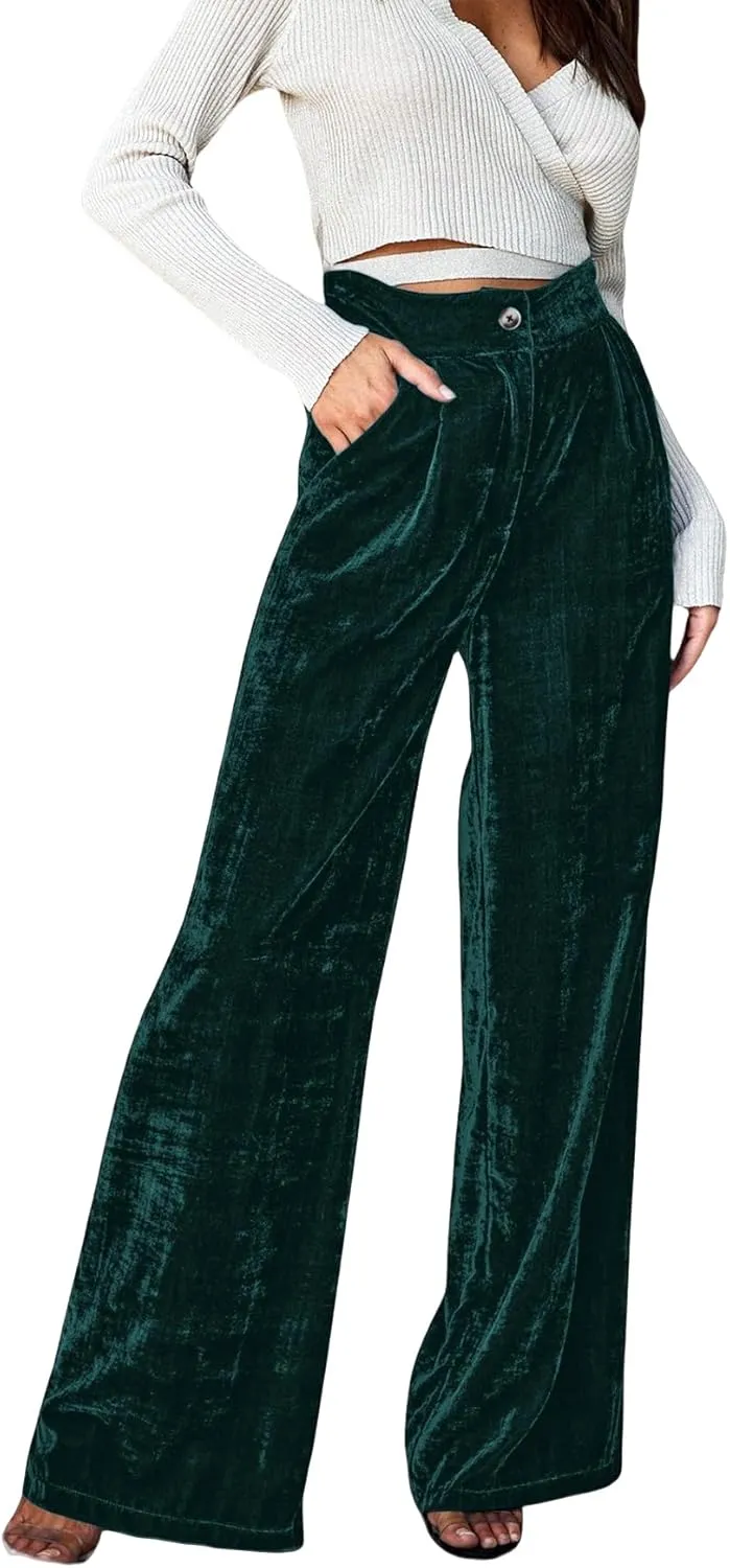 JUMISEE Womens Velvet Wide Leg Pants Elastic High Waisted Palazzo Pants Business Work Casual Trousers with Pockets