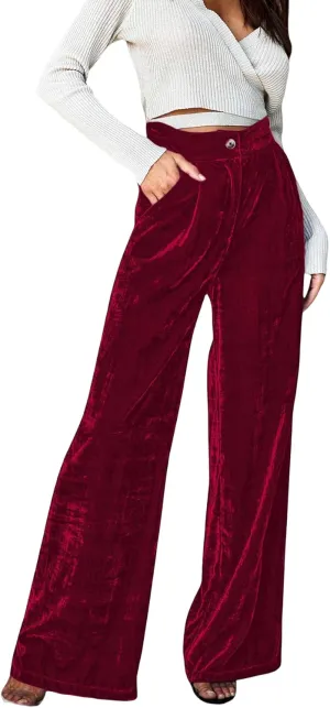 JUMISEE Womens Velvet Wide Leg Pants Elastic High Waisted Palazzo Pants Business Work Casual Trousers with Pockets