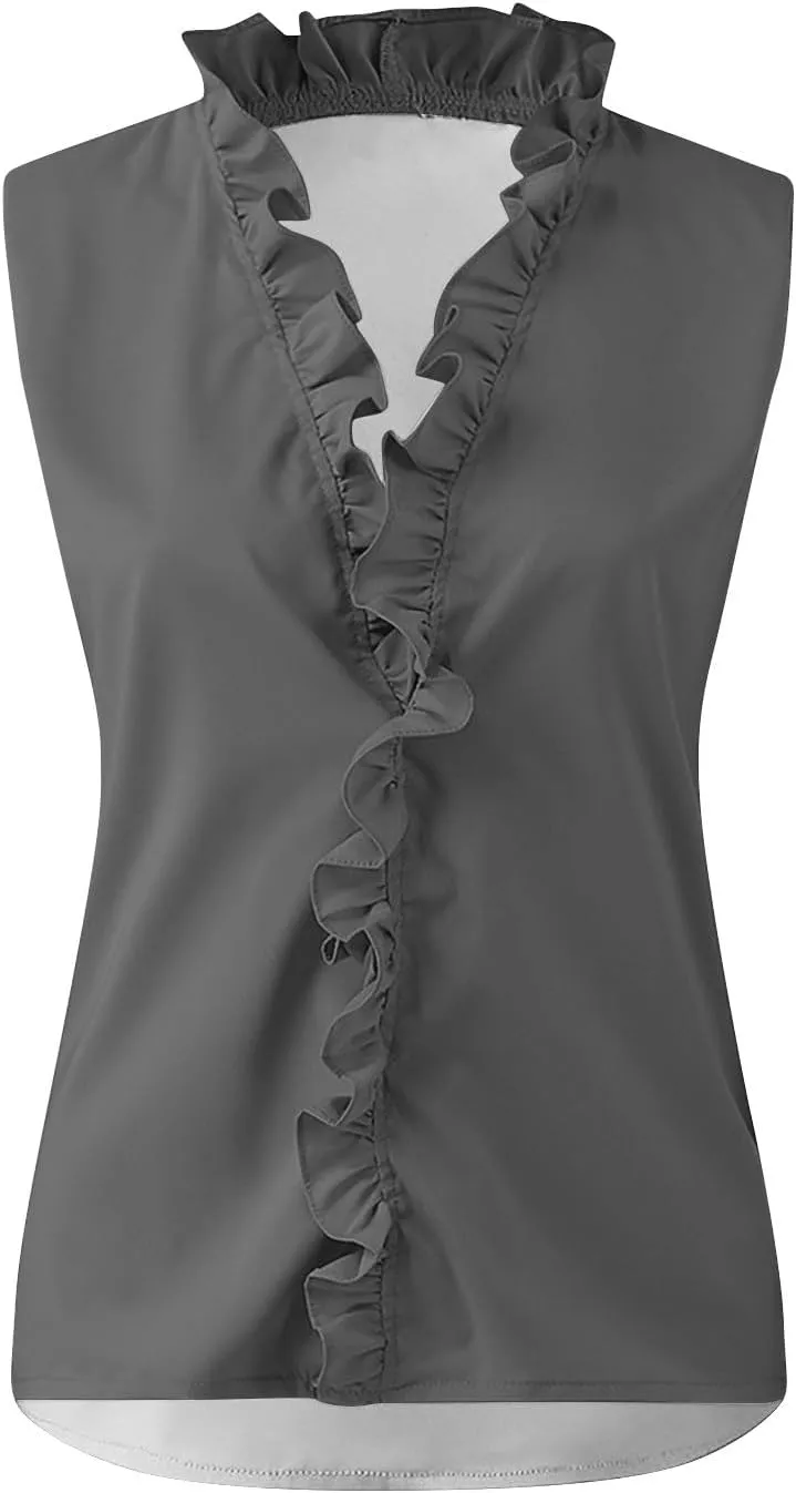 KIKX0DE Womens Sleeveless Ruffle Peplum Front Tank Tops Casual Summer V Neck Shirts