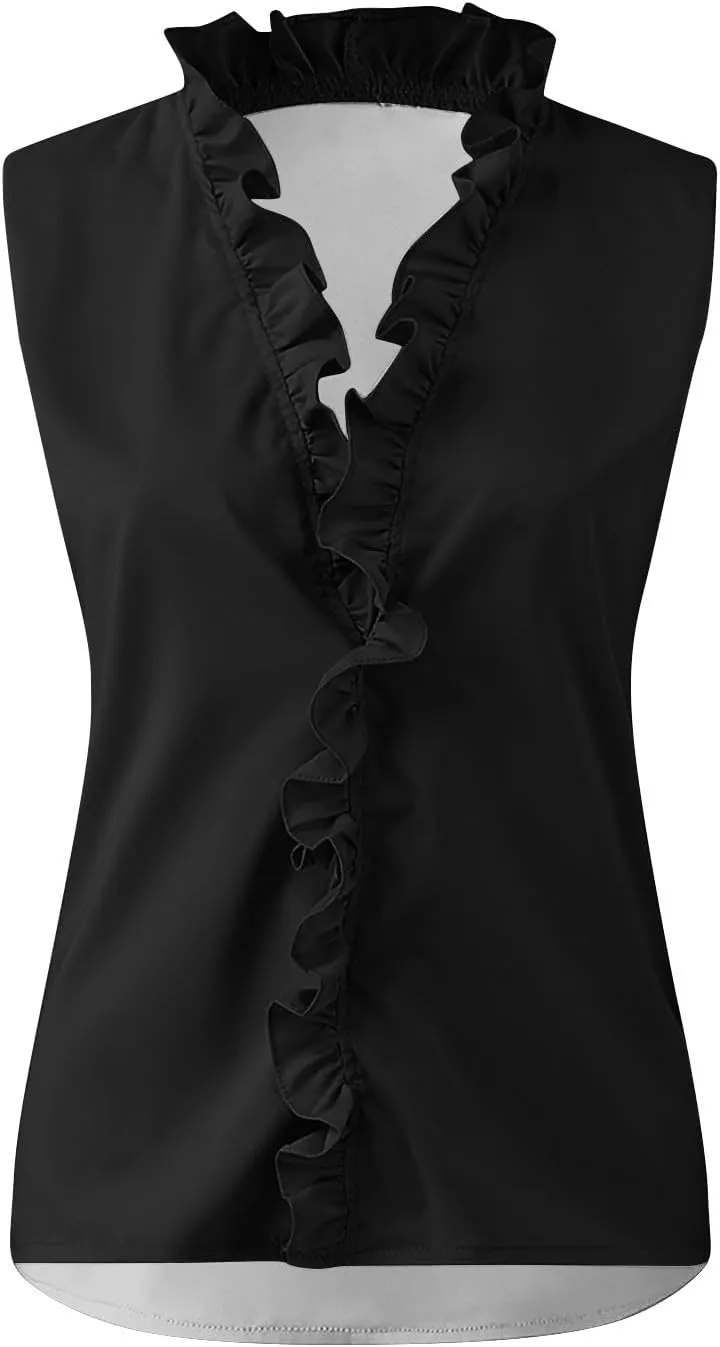 KIKX0DE Womens Sleeveless Ruffle Peplum Front Tank Tops Casual Summer V Neck Shirts