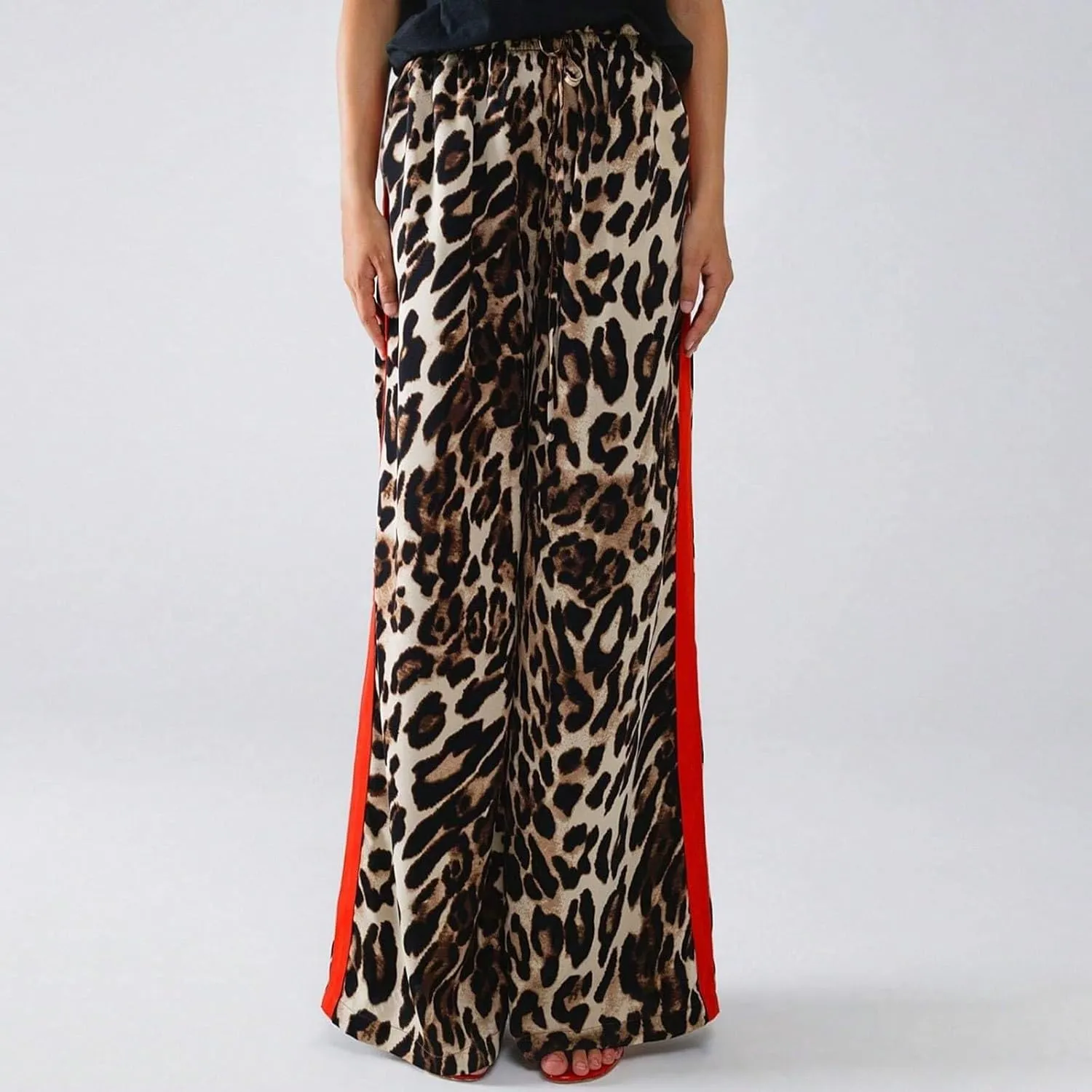 Leopard Pants Women Elastic Waist Side Stripe Pants Baggy Wide Leg Street Long Trousers Loose Fit Cozy Sweatpants