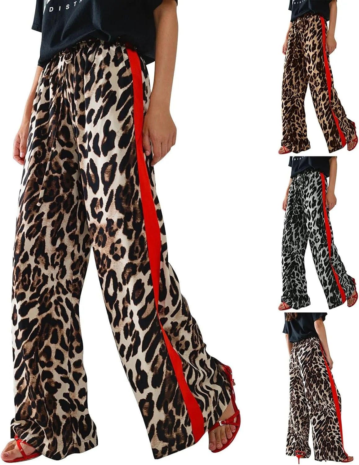Leopard Pants Women Elastic Waist Side Stripe Pants Baggy Wide Leg Street Long Trousers Loose Fit Cozy Sweatpants