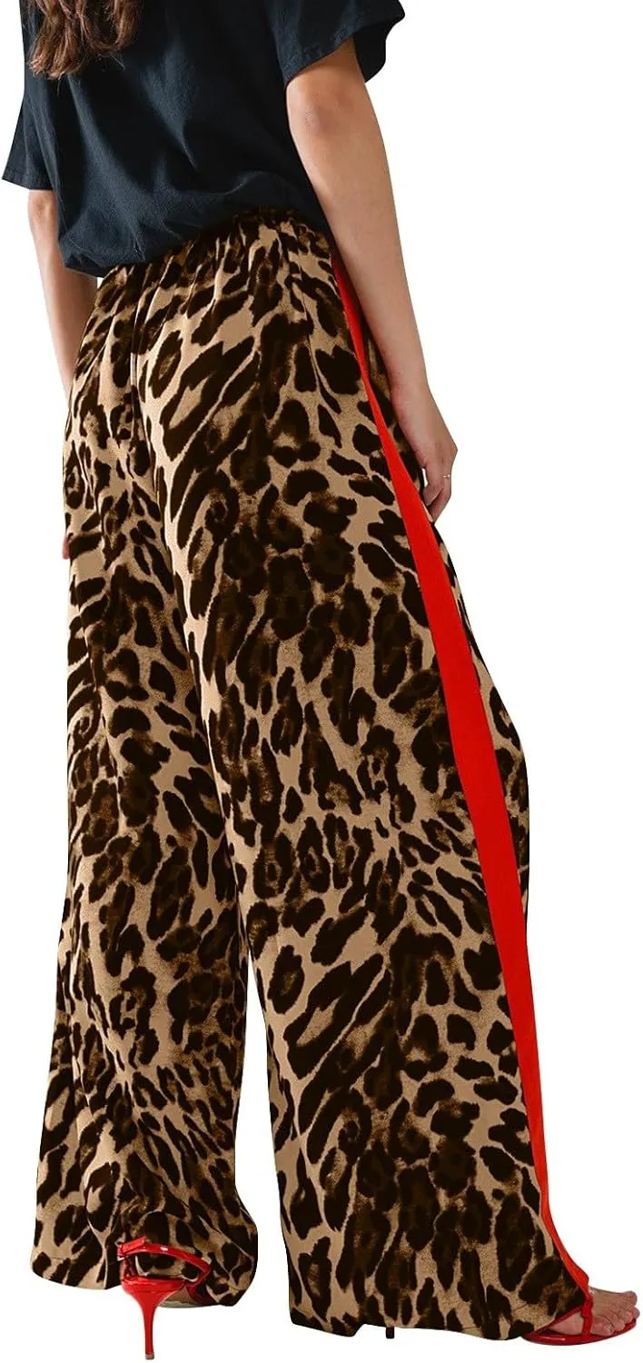 Leopard Pants Women Elastic Waist Side Stripe Pants Baggy Wide Leg Street Long Trousers Loose Fit Cozy Sweatpants