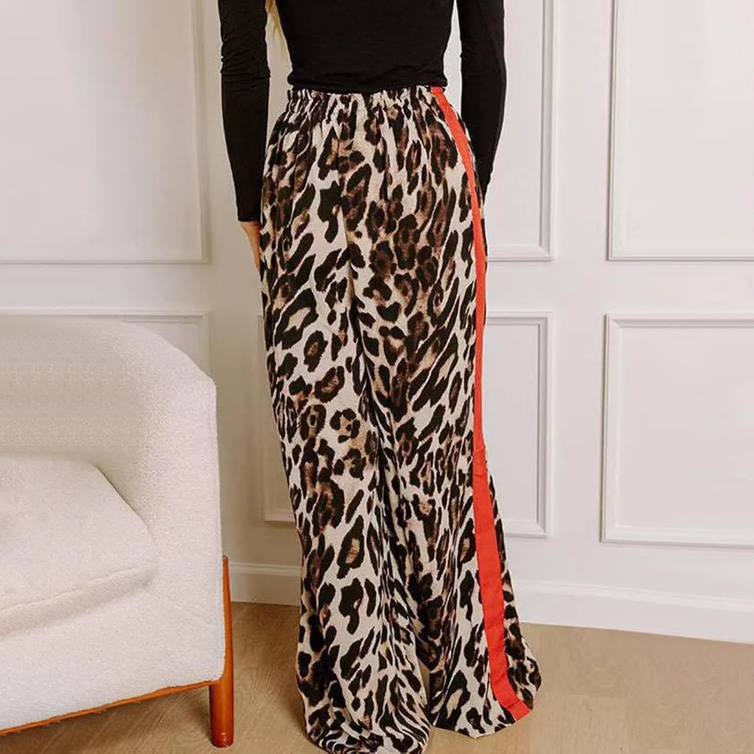 Leopard Pants Women Elastic Waist Side Stripe Pants Baggy Wide Leg Street Long Trousers Loose Fit Cozy Sweatpants